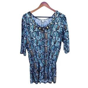 Kenar Top Blouse Animal Scoop Neck 1/2 Sleeve Beaded Neckline Peplum Aqua Sz 1X
